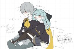  1boy 1girl aurelia_academy_school_uniform bangboo_(zenless_zone_zero) black_sweater black_thighhighs blue_hair blush closed_eyes commentary_request flower_hairpin flying_sweatdrops green_pants grey_hair grid_background hair_between_eyes hug hug_from_behind long_hair neckerchief official_alternate_costume open_mouth pants pepa_xgame ponytail school_uniform seed_(zenless_zone_zero) short_hair sitting sweat sweater thigh-highs toeless_legwear toes translation_request white_background wise_(oath_of_skies)_(zenless_zone_zero) wise_(zenless_zone_zero) yellow_neckerchief zenless_zone_zero 