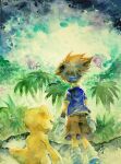  1boy agumon air+ blue_shirt brown_shorts digimon digimon_adventure dinosaur facing_away forest gloves highres male_focus nature open_mouth painting_(medium) palm_tree shirt shoes short_hair shorts sneakers socks t-shirt traditional_media tree watercolor_(medium) white_gloves white_socks yagami_taichi 