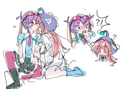  !? 2girls blonde_streaks chibi chibi_only eyewear_on_head fish_hat heaven_burns_red ishii_iroha long_hair looking_at_another mizuhara_aina multicolored_hair multiple_girls pink_hair purple_hair rantan_0925 simple_background streaked_hair white_background 
