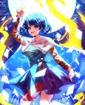  1girl bag blue_eyes blue_hair cape commentary dress english_commentary hairband highres long_sleeves looking_at_viewer multicolored_clothes multicolored_dress open_mouth pointing pointing_down pointing_up short_hair sinkoart sky_print solo teeth tenkyuu_chimata touhou upper_teeth_only white_cape 