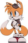  1boy animal_ears animal_nose blue_eyes body_fur brown_capelet brown_headwear capelet digimin fedora fox_boy fox_ears fox_tail full_body furry furry_male gloves hand_on_own_chin hand_up hat looking_to_the_side male_child male_focus mini_hat multiple_tails non-web_source official_art open_mouth plaid_capelet red_footwear shoes simple_background socks solo sonic_(series) standing stroking_own_chin tail tails_(sonic) the_murder_of_sonic_the_hedgehog thinking transparent_background two-tone_fur two_tails white_fur white_gloves white_socks yellow_fur 