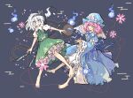  2girls barefoot black_headband blue_background blue_dress blue_fire dress fire floral_background flower frilled_dress frills green_skirt green_tank_top headband highres katana konpaku_youmu medium_hair multiple_girls pink_eyes pink_flower primsla saigyouji_yuyuko shirt simple_background skirt sword tank_top touhou weapon white_hair white_shirt 