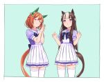  2girls alternate_hairstyle animal_ears bow brown_hair cowboy_shot ear_covers eye_color_switch hair_color_switch hairstyle_switch highres hime_cut horse_ears horse_girl horse_tail katukodx multiple_girls orange_hair purple_bow purple_shirt sailor_collar school_uniform serafuku shirt short_hair sidelocks silence_suzuka_(umamusume) special_week_(umamusume) tail thigh-highs tracen_school_uniform umamusume violet_eyes white_hair white_sailor_collar white_thighhighs 