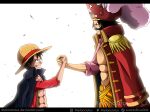  2boys artist_name black_cape black_hair cape facial_hair gol_d._roger handshake hat hat_feather highres looking_at_another melonciutus monkey_d._luffy multiple_boys mustache one_piece pirate_hat scar short_hair signature smile straw_hat web_address 