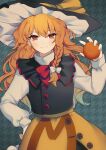  1girl adapted_costume black_vest blonde_hair bow braid brown_eyes closed_mouth cowboy_shot food fruit garan_co grey_background hair_bow hair_ribbon hand_on_own_hip hat highres holding holding_food holding_fruit kirisame_marisa light_blush long_hair long_sleeves looking_at_viewer orange_(fruit) puffy_long_sleeves puffy_sleeves ribbon simple_background single_braid skirt smile solo touhou tress_ribbon very_long_hair vest white_bow witch_hat yellow_skirt 
