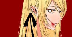  1girl black_ribbon blonde_hair close-up highres kiss-shot_acerola-orion_heart-under-blade kizumonogatari long_hair monogatari_(series) oshino_shinobu parted_bangs parted_lips pointy_ears portrait red_background ribbon solo yellow_eyes zbz_(u_auee) 