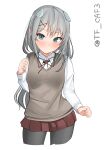  1girl absurdres alternate_costume black_pantyhose brown_skirt collared_shirt cowboy_shot cropped_legs dress_shirt grey_eyes grey_hair grey_vest headgear highres i-201_(kancolle) kantai_collection long_hair looking_at_viewer neck_ribbon one-hour_drawing_challenge pantyhose parted_lips pleated_skirt red_ribbon ribbon shirt simple_background skirt solo sweater_vest tf_cafe vest white_background white_shirt 