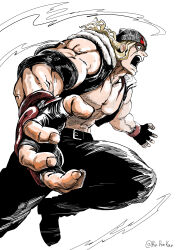  1boy absurdres alex_winger beanie belt belt_buckle biceps bindonkan black_belt black_gloves black_hat black_pants black_vest blonde_hair boots buckle commentary_request compression_sleeve facepaint fingerless_gloves from_side fur-trimmed_vest fur_trim gloves hat highres knee_up large_pectorals looking_to_the_side male_focus muscular muscular_arms muscular_male open_clothes open_mouth open_vest outstretched_arms pants pectorals shoes spread_arms street_fighter street_fighter_6 twitter_username veins vest wavy_hair 