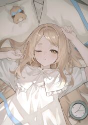  1girl alarm_clock blonde_hair cine_(wazd0183) clock commentary_request dress fingernails gonzalez_(machita_chima) highres long_hair lying machita_chima nail_polish nijisanji on_back one_eye_closed pink_nails short_eyebrows short_sleeves virtual_youtuber white_dress yellow_eyes 