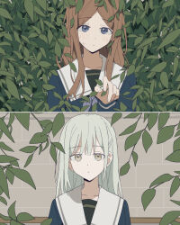  2girls bang_dream! bang_dream!_it's_mygo!!!!! blue_eyes blue_shirt blush brown_hair closed_mouth coldcat. commentary green_hair grey_neckerchief highres long_hair multiple_girls nagasaki_soyo neckerchief parted_lips plant school_uniform shirt sweatdrop tsukinomori_school_uniform untranslatable_commentary upper_body wakaba_mutsumi yellow_eyes 