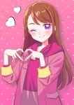  1girl ;) asymmetrical_bangs blush brown_hair bun_(jewd5385) heart heart_hands highres hijiri_ageha hirogaru_sky!_precure hood hoodie jacket jacket_over_hoodie long_hair one_eye_closed pink_hoodie pink_jacket precure smile solo violet_eyes 