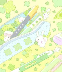  animal animal_focus chibi chibi_only clover commentary_request eraser four-leaf_clover gradient_background green_theme heisei_retro highres korean_commentary no_humans object_request original pastel_colors pen pencil_case rabbit stationery summernight_12 