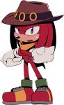  1boy animal_nose bandana body_fur bottomless brown_headwear brown_vest cowboy_hat crossed_arms digimin full_body furry furry_male gloves half-closed_eye hat jewelry knuckles_the_echidna long_hair looking_at_viewer male_focus nervous non-web_source official_art open_clothes open_mouth open_vest red_footwear red_fur redhead ring shoes sidelocks sideways_mouth simple_background solo spiked_gloves standing sweat tail the_murder_of_sonic_the_hedgehog transparent_background uneven_eyes vest violet_eyes yellow_bandana yellow_gloves 