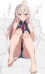  1girl barefoot blush bow bowtie couch feet hands_on_own_knees highres legs makise_(mix020511) onii-chan_wa_oshimai! oyama_mahiro pillow short_shorts shorts translation_request 