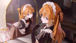  1girl absurdres alternate_costume artist_name black_dress black_gloves blue_eyes breasts commentary commission ddeumbugi desk_lamp dress enmaided gloves highres indoors lamp leaning_forward long_hair looking_at_viewer maid maid_headdress medium_breasts mirror neon_genesis_evangelion one_side_up orange_hair puffy_short_sleeves puffy_sleeves short_sleeves solo souryuu_asuka_langley 