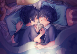  2boys ameto_yukino black_hair blue_shirt brothers child closed_eyes collared_shirt commentary_request crack_of_light face-to-face hands_up highres light_particles lying male_focus multiple_boys on_bed on_side open_mouth original parted_lips pillow shirt short_hair siblings signature sleeping stuffed_animal stuffed_toy teddy_bear toy_train twins under_covers upper_body 