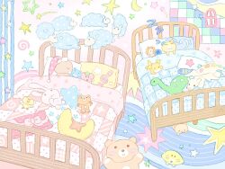  :3 animal animal_focus bass_clef bear bear_(summernight_12) bed blanket cat cat_(summernight_12) chibi chibi_only commentary food fruit heisei_retro highres indoors lemon no_humans original pastel_colors pillow polka_dot quilt sheep shooting_star sleeping star_(symbol) stuffed_animal stuffed_bird stuffed_dinosaur stuffed_dragon stuffed_fish stuffed_lion stuffed_rabbit stuffed_toy summernight_12 teddy_bear under_covers untranslatable_commentary yume_kawaii zzz 