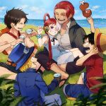  1girl 4boys black_hair blonde_hair closed_eyes cowboy_hat food freckles goggles goggles_on_headwear hair_over_one_eye hat hat_removed headphones headwear_removed jewelry long_hair meat monkey_d._luffy multicolored_hair multiple_boys necklace one_piece one_piece_film:_red open_mouth portgas_d._ace redhead ryokuma_2 sabo_(one_piece) scar scar_across_eye shanks_(one_piece) short_hair sitting smile straw_hat top_hat topless_male twintails two-tone_hair uta_(one_piece) 