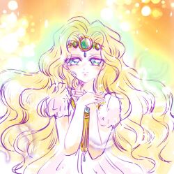  1girl blonde_hair circlet closed_mouth commentary_request dress emeraude_(rayearth) green_eyes highres long_hair magic_knight_rayearth princess puffy_short_sleeves puffy_sleeves sailor_yamao short_sleeves solo split_mouth wavy_hair white_dress 