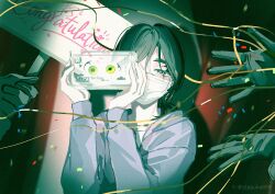  1girl alien_stage artist_name black_hair congratulations eyelashes green_eyes hair_between_eyes highres jacket looking_at_viewer mask mouth_mask seppuku009 solo sua_(alien_stage) thick_eyebrows violet_eyes zombie_stage 