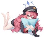  1girl bare_legs barefoot black_headwear black_socks blue_archive blue_eyes blue_halo chirang feet full_body halo hat highres holding holding_clothes holding_legwear holding_pillow iroha_(blue_archive) legs long_hair long_sleeves lying military_hat on_stomach open_mouth peaked_cap pillow red_armband redhead shirt simple_background smile socks socks_removed soles the_pose thighs toes very_long_hair white_background wide_sleeves 