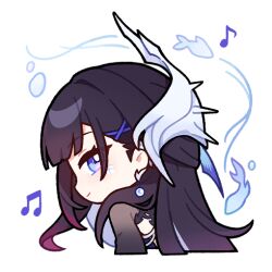  1girl blue_eyes chibi chibi_only closed_mouth earrings from_behind hair_ornament honkai:_star_rail honkai_(series) hysilens_(honkai:_star_rail) jewelry looking_at_viewer official_art pearl_earrings solo 