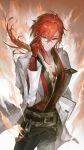  belt fire flame glasses highres holding holding_eyewear lab_coat low_ponytail mortefi_(wuthering_waves) name_tag red_eyes redhead scales setsumiyzfl smoke wuthering_waves 