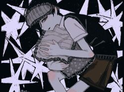  1boy black_eyes black_hair black_sweater_vest brown_shorts closed_mouth collared_shirt highres holding holding_pillow looking_at_viewer male_focus nill_(nill) omori pillow shirt short_hair short_sleeves shorts sleep_mask solo sunny_(omori) sweater_vest twitter_username white_shirt 