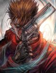  1boy absurdres anniechromes black_gloves blonde_hair blood blood_on_face blue_eyes coat crossed_fingers gloves gun highres holding holding_gun holding_weapon looking_at_viewer male_focus one_eye_covered red_coat revolver short_hair signature smoke solo trigun upper_body vash_the_stampede weapon 