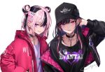  2girls baseball_cap black_collar black_hair black_headwear chain chimachi collar commentary_request double_bun drawstring ear_piercing earrings grin hair_bun hair_ornament hairclip hand_in_pocket hand_up hat highres hood hood_down hooded_jacket jacket jewelry long_hair long_sleeves looking_at_viewer mismatched_earrings multicolored_hair multiple_girls off_shoulder open_clothes open_jacket original parted_lips piercing pink_eyes pink_hair pink_jacket print_headwear print_shirt purple_shirt shirt short_hair signature simple_background smile streaked_hair twitter_username two-sided_fabric two-sided_jacket upper_body violet_eyes white_background zipper 