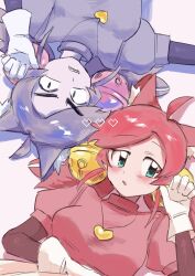  2girls ahoge animal_ear_fluff animal_ears bell blush_stickers bomb bow breasts cat_ears cat_girl commentary_request constricted_pupils cowboy_shot deltarune dress dual_persona explosive frilled_skirt frills ghost_pink_(deltarune) gloves gold_bell green_eyes hair_bell hair_ornament hand_up heart heart_locket highres ika_nomakin jewelry layered_sleeves locket long_hair long_sleeves looking_at_viewer mad_mew_mew magical_girl medium_breasts multiple_girls on_ground open_mouth pantyhose parted_lips pendant pink_dress pink_hair puffy_short_sleeves puffy_sleeves purple_dress purple_hair purple_pantyhose ribbon short_over_long_sleeves short_sleeves simple_background skirt swept_bangs tail teeth utdr_(toby_fox) v-shaped_eyebrows white_background white_gloves white_skirt 