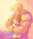  2boys ^_^ antennae biceps black_hair black_nails blue_pants blush child closed_eyes closed_mouth colored_skin commentary_request dougi dragon_ball dragon_ball_super dragon_ball_super_super_hero dragon_ball_z fingernails hair_between_eyes hand_on_another&#039;s_head happy highres hug koukyouji long_hair male_child male_focus multiple_boys muscular muscular_male namekian orange_piccolo orange_skin pants piccolo pointy_ears purple_pants red_sash red_wristband sash simple_background sitting smile son_gohan spiky_hair wristband yellow_background 
