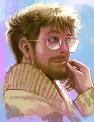  1boy arm_up art_study beard blonde_hair blue_background blue_eyes closed_mouth commentary cropped_shoulders english_commentary facial_hair glasses hand_on_own_chin highres long_sleeves looking_to_the_side male_focus portrait project_hail_mary ray_(rayosechi) ryland_grace short_hair sideways_glance smile solo sweater very_short_hair white_sweater 