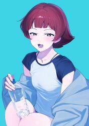  :3 gym_uniform half-closed_eye highres idolmaster idolmaster_million_live! idolmaster_million_live!_theater_days jacket jacket_partially_removed looking_at_viewer nonohara_akane open_mouth plastic_bottle simple_background sportswear squatting sweat yabukara 