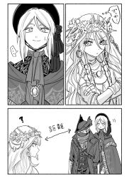  1boy 2girls bloodborne bonnet cloak commentary_request doll_joints elden_ring elden_ring_nightreign flower_wreath fromsoftware greyscale head_wreath highres hunter_(bloodborne) joints long_hair monochrome multiple_girls noujiru_tanaka plain_doll revenant_(elden_ring) translation_request white_background 