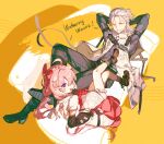  1boy 1girl aalto_(wuthering_waves) anke_(wuthering_waves) belt bloomers boots bow couch dress grey_hair highres jacket looking_at_viewer low_twintails on_couch one_eye_closed pink_hair ponytail ribbon smile twintails underwear violet_eyes wuthering_waves yellow_eyes 