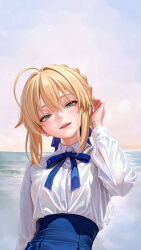  1girl ahoge artoria_pendragon_(fate) blonde_hair blue_bow blue_ribbon blue_skirt blush bow braid breasts collared_shirt commentary fate/stay_night fate_(series) green_eyes hair_bun hair_ribbon half-closed_eyes high-waist_skirt highres long_hair long_sleeves looking_at_viewer medium_breasts open_mouth ribbon saber_(fate) shirt short_hair sidelocks skirt smile solo sui_yamami white_shirt 