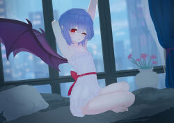  1girl absurdres alternate_costume armpits arms_up back_bow barefoot bat_wings bilingual_commentary blue_hair blush bow chinese_commentary commentary dress english_commentary flower highres indoors looking_at_viewer mao_tou_tao_mdt missing_headwear mixed-language_commentary on_bed one_eye_closed pillow pink_flower pointy_ears red_bow red_eyes remilia_scarlet sitting sleeveless sleeveless_dress solo stretching thighs toes touhou vase white_dress wings 
