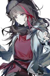  1girl arknights black_gloves black_hair black_hat blue_eyes closed_mouth commission fingerless_gloves flower gloves grey_jacket hat highres jacket long_hair long_sleeves mihuashi_commission multicolored_hair open_clothes open_jacket rafag red_hair red_pupils red_shirt shirt simple_background sleeve_zipper solo streaked_hair unzipped white_background white_flower zima_(arknights) zipper zipper_pull_tab 