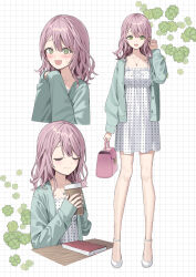  1girl :d @_@ arm_at_side bag blush book cardigan closed_eyes clover commentary commission cropped_torso cup disposable_coffee_cup disposable_cup double-parted_bangs dress four-leaf_clover green_cardigan green_eyes grid_background hand_up handbag high_heels highres holding holding_bag holding_cup jewelry kitada_mo long_sleeves medium_hair multiple_views necklace open_cardigan open_clothes open_mouth original own_hands_together parted_bangs pink_bag pink_hair polka_dot polka_dot_dress shoes skeb_commission sleeveless sleeveless_dress smile spaghetti_strap standing straight_hair u_u unbuttoned white_background white_dress white_shoes 