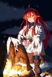  1girl absurdres ahoge black_hairband boots brown_boots campfire commentary_request crossed_bangs dirty dirty_clothes eris_greyrat fire fish full_body fuzuta6 hair_between_eyes hairband highres japanese_clothes kimono long_hair long_sleeves mushoku_tensei night official_alternate_costume open_mouth outdoors red_eyes red_hair sitting skewer snow solo twitter_username watermark white_kimono 
