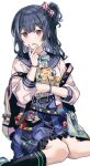  1girl :d absurdres backpack bag black_hair black_socks blue_sailor_collar bow bracelet hair_bow highres idolmaster idolmaster_shiny_colors jewelry long_hair long_sleeves looking_at_viewer migolu morino_rinze multicolored_nails one_side_up red_eyes red_nails sailor_collar simple_background sitting smile socks solo stuffed_toy v wariza white_background yellow_nails 