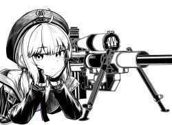  1girl ahoge arm_support beret bipod bolt_action cheyanne_(girls'_frontline_2) cheytac_m200 collared_shirt commentary_request f4_u girls_frontline gloves greyscale gun hair_over_shoulder hair_tie hat head_rest jacket light_blush long_hair long_sleeves looking_at_viewer low_ponytail lying m200_(girls'_frontline) magazine_(weapon) monochrome necktie on_back open_clothes open_jacket ponytail rifle russian_commentary scope shirt short_necktie sidelocks simple_background smile sniper_rifle solo spot_color weapon white_background 