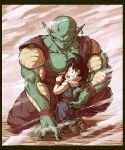  2boys angry antennae biceps black_hair black_nails blue_pants blush child clenched_teeth colored_skin commentary_request crying crying_with_eyes_open dougi dragon_ball dragon_ball_super dragon_ball_z fingernails glaring green_skin highres kneeling koukyouji long_hair looking_at_another looking_at_viewer male_child male_focus multiple_boys muscular muscular_male namekian on_one_knee open_mouth pants piccolo pointy_ears purple_pants raised_eyebrows red_sash sash scared smoke son_gohan spiky_hair tears teeth v-shaped_eyebrows veins 