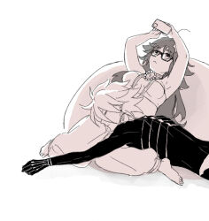 1boy 1girl :< bandeau barefoot bean_bag_chair breasts commentary_request fate/grand_order fate_(series) ganesha_(fate) glasses harem_pants holding holding_phone jinako_carigiri karna_(fate) konoyono_(tuki_hana_teppou) lap_pillow limited_palette long_hair lying medium_breasts midriff on_stomach pants phone sepia 