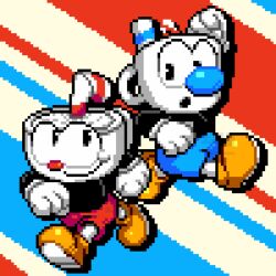  1990s_(style) blue_background cuphead_(game) floating happy highres pixel_art red_background retro_artstyle running smile studiomdhr white_background 