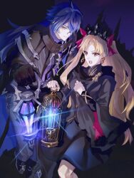  1boy 1girl antenna_hair black_dress black_gloves blonde_hair blue_hair closed_mouth coat collared_coat crossover dress earrings ereshkigal_(fate) ereshkigal_(third_ascension)_(fate) fate/grand_order fate_(series) flins_(genshin_impact) fuyotan genshin_impact glint gloves glowing gradient_hair highres holding holding_birdcage holding_lantern jewelry lantern leaning_to_the_side light_smile long_hair long_sleeves looking_at_viewer looking_down looking_to_the_side looking_up multicolored_hair open_mouth pants purple_background red_eyes shade shadow tiara twintails upper_body yellow_eyes 