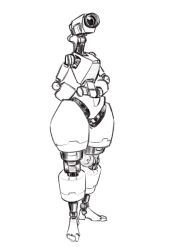  1girl absurdres arms_behind_back cable camera faux_traditional_media full_body greyscale highres humanoid_robot joints looking_ahead monochrome no_humans object_head onni_vanilla original pear-shaped_figure robot robot_joints sketch solo standing thick_thighs thighs white_background wide_hips 