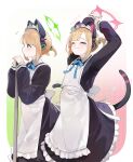  2girls absurdres animal_ear_headphones animal_ears apron arms_up back_bow black_dress blue_archive blue_ribbon blunt_bangs bow broom cat_ear_headphones cat_tail closed_eyes closed_mouth commentary dress fake_animal_ears fake_tail frilled_apron frilled_dress frills from_side green_eyes green_halo halo headphones highres holding holding_broom long_dress long_sleeves maid maid_apron maid_headdress midori_(blue_archive) midori_(maid)_(blue_archive) mimizuku_(mmiganaru) momoi_(blue_archive) momoi_(maid)_(blue_archive) multiple_girls neck_ribbon official_alternate_costume pink_halo puffy_long_sleeves puffy_sleeves ribbon short_hair standing tail twintails white_apron white_bow 