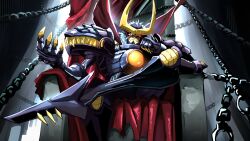  absurdres armor black_armor black_helmet cape chain crossed_legs digimon grey_hair helmet highres mauro_unit_1 plutomon red_cape red_eyes sitting solo throne 